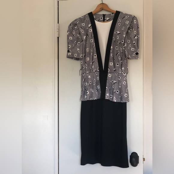 1980s Edgy Black and White Secretary Dress with Peplum - Picture 4 of 5